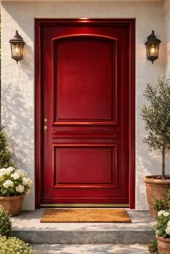 Gd Menuiseries Porte D'entrée Bois Pleine Carene Rouge Ral 3004, H.215xl.90 Côte Tableau, P.droit- Porte D'Entrée