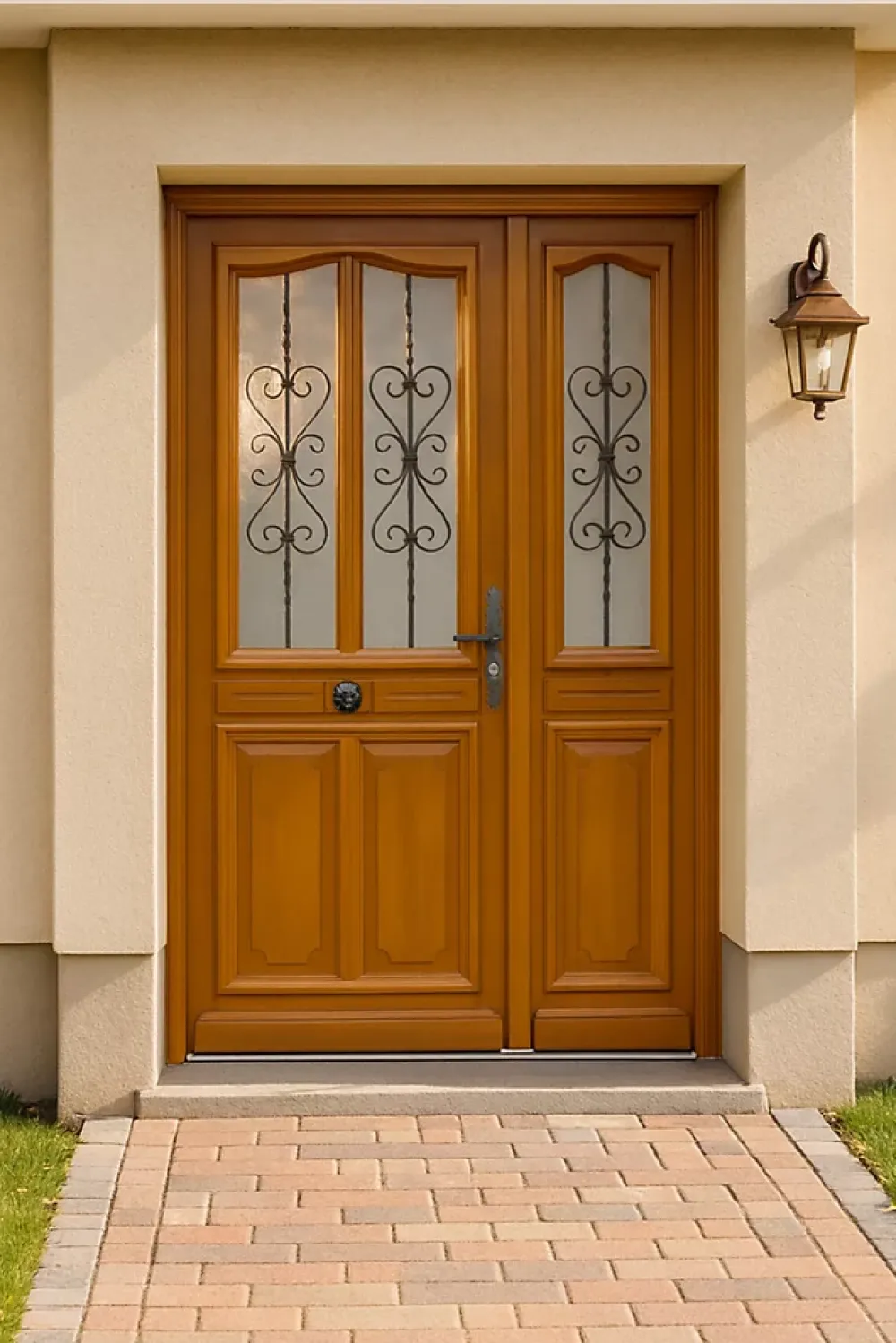 Gd Menuiseries Porte D'entrée Bois Tiercée Carole H215 X L140 Côte Tableau P. Gauche, Poignee, Barillet, Bouton- Porte D'Entrée