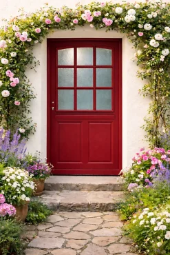 Gd Menuiseries Porte D'entrée Bois Vitrée Alize Rouge Ral 3004, H.215xl.90 Côte Tableau P.droit, Poignée, Barillet- Porte D'Entrée