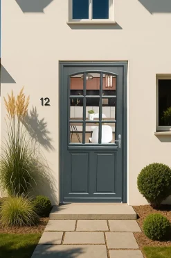 Gd Menuiseries Porte D'entrée Bois Vitrée Alexa Gris Ral7016, H.215xl.90 Côte Tableau P.gauche, Poignée, Barillet- Porte D'Entrée