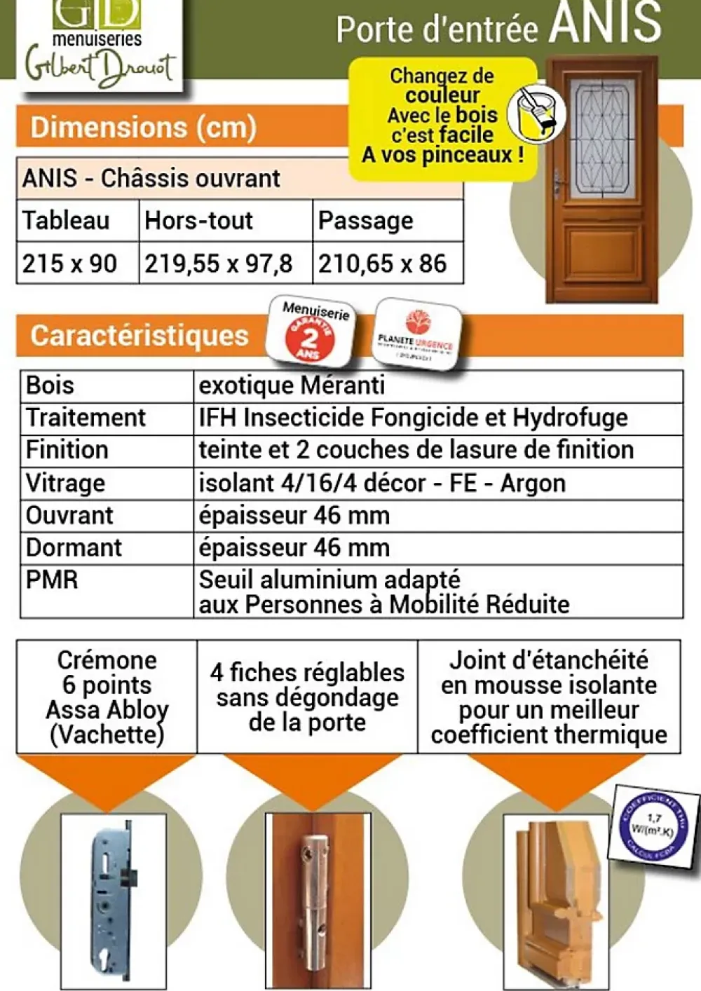 Gd Menuiseries Porte D'entrée Bois Vitrée Anis, H.215xl.90 Côte Tableau P.droit- Porte D'Entrée
