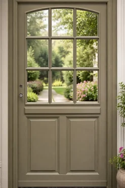 Gd Menuiseries Porte D'entrée Bois Vitrée Ady, Vert Ral7002,, H.215xl.90 Côte Tableau P.droit Poignée, Barillet- Porte D'Entrée
