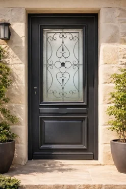 Gd Menuiseries Porte D'entrée Bois Vitrée Candice Ral 7016, H.215xl.90 P,droit Côte Tableau- Porte D'Entrée