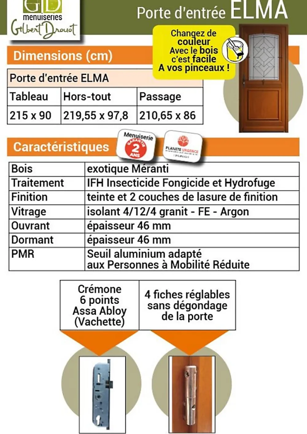 Gd Menuiseries Porte D'Entrée<Porte D'entrée Bois Vitrée Elsie, Vert Ral7002, H.215xl.90 Côte Tableau P.droit Poignée, Barillet