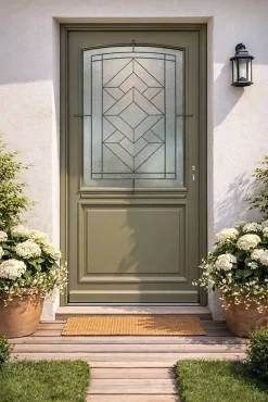 Gd Menuiseries Porte D'entrée Bois Vitrée Elsie, Vert Ral7002, H.215xl.90 Côte Tableau P.gauche- Porte D'Entrée
