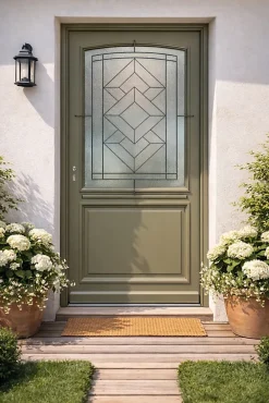 Gd Menuiseries Porte D'Entrée<Porte D'entrée Bois Vitrée Elsie, Vert Ral7002, H.215xl.90 P.droit , Poignée, Barillet Côte Tableau