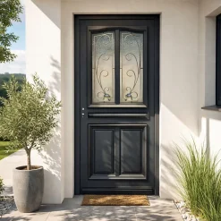 Gd Menuiseries Porte D'entrée Bois Vitrée Mathilde Ral 7016, H.215xl.90 P,droit Côte Tableau- Porte D'Entrée