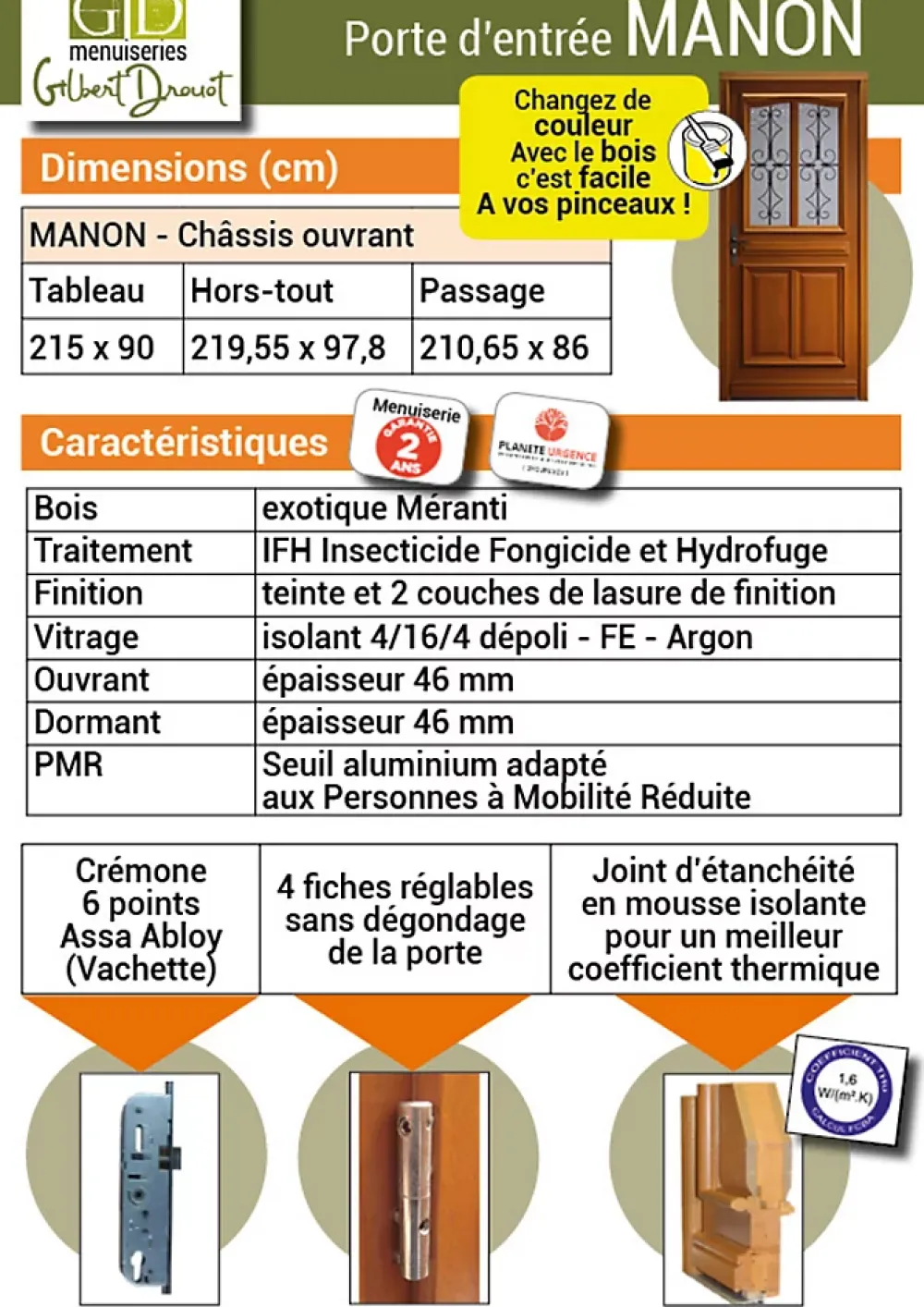Gd Menuiseries Porte D'entrée Bois Vitrée Manon, H.200 X L.90 Côte Tableau P.droit, Poignée, Barillet- Porte D'Entrée
