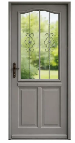 Gd Menuiseries Porte D'entrée Bois Vitrée Santiago Gris Marron Ral7039, H.200 X L.90 Côte Tableau, P.droit, Poignee, Barillet- Porte D'Entrée