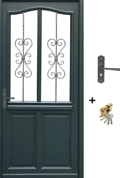 Gd Menuiseries Porte D'entrée Bois Vitrée Sabrina Gris Ral7016, H.215xl.90 Côte Tableau, P.droit, Poignée, Barillet- Porte D'Entrée