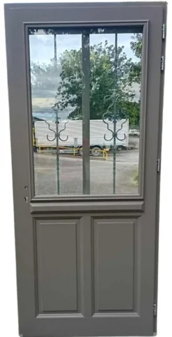 Gd Menuiseries Porte D'entrée Bois Vitrée Santiago Gris Marron Ral7039, H.200 X L.90 Côte Tableau P,gauche, Poignee, Barillet- Porte D'Entrée