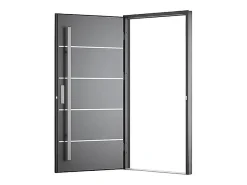 Vente-unique Porte D'Entrée<Porte d'entrée en acier pleine et inox H207 x L100 cm anthracite - épaisseur 68 mm - poussant droit - LUSADA