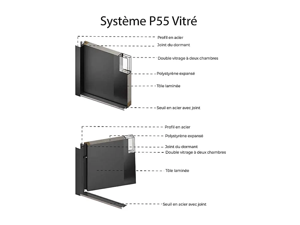 Vente-unique Porte D'Entrée<Porte d'entrée en acier vitrée avec inox H207 x L100 cm - verre dépoli - anthracite - épaisseur 55 mm - poussant droit - BRAGA