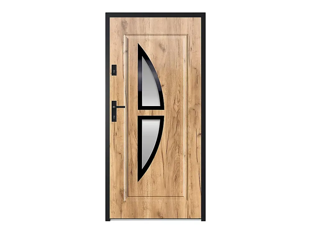 Vente-unique Porte D'Entrée<Porte d'entrée en acier vitrée et inox H207 x L100 cm effet chêne - épaisseur 55 mm - poussant droit - COVAS