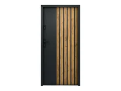 Vente-unique Porte d'entrée pleine en acier H207 x L100 cm - Noir avec rayures effet chêne - épaisseur 55 mm - poussant droit - COBRITA- Porte D'Entrée