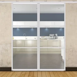 MySystem Porte double coulissante H 2088 x L 867 mm - 3 verres horizontaux - trempé 6 mm clair - blanc- Porte Coulissante