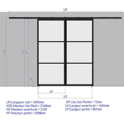 MySystem Porte double coulissante H 2088 x L 867 mm - 3 verres horizontaux - trempé 6 mm clair - blanc- Porte Coulissante