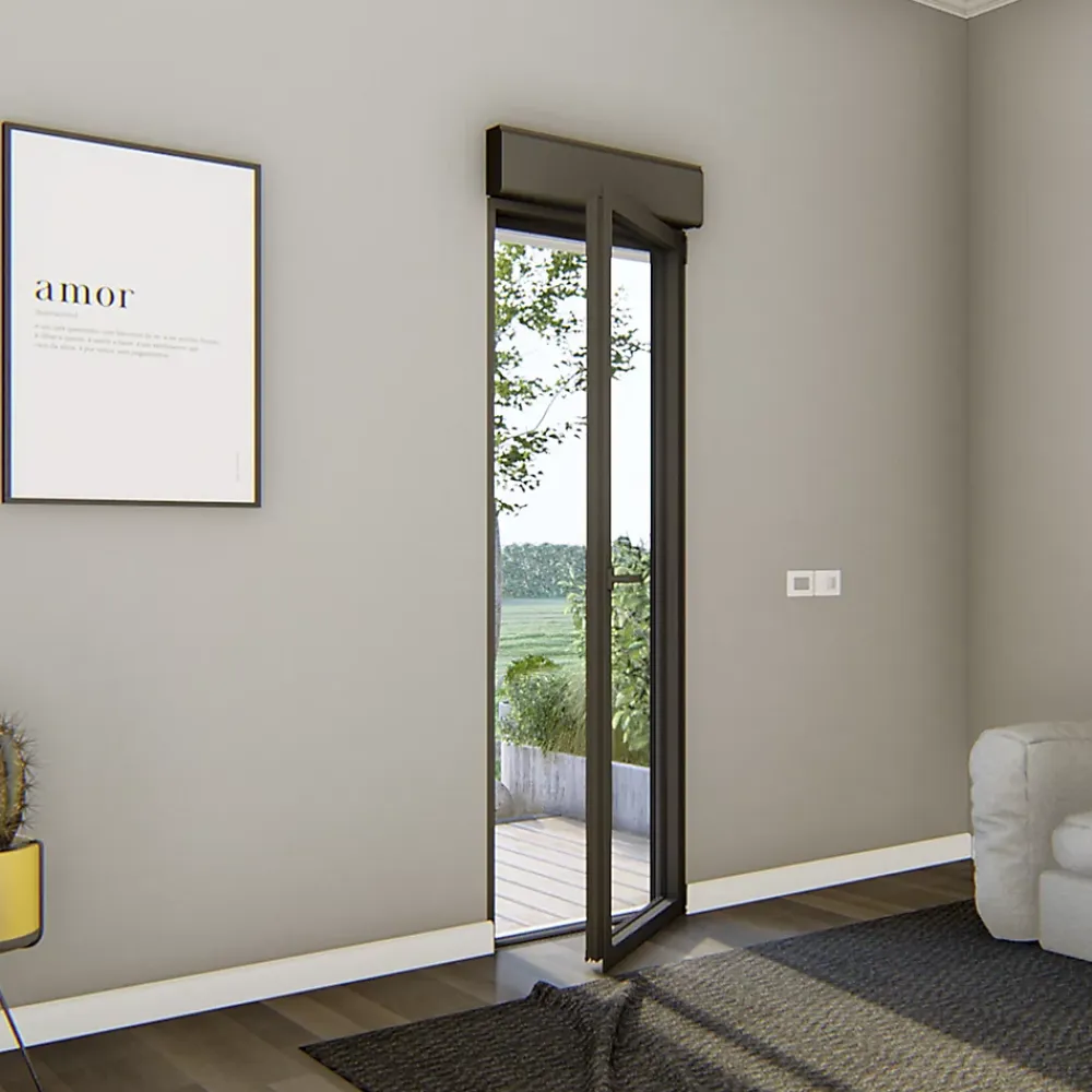 GoodHome Porte-Fenêtre En Aluminium<Porte fenêtre alu 1 vantail + volet roulant électrique gris - l.80 x h.215 cm, tirant droit
