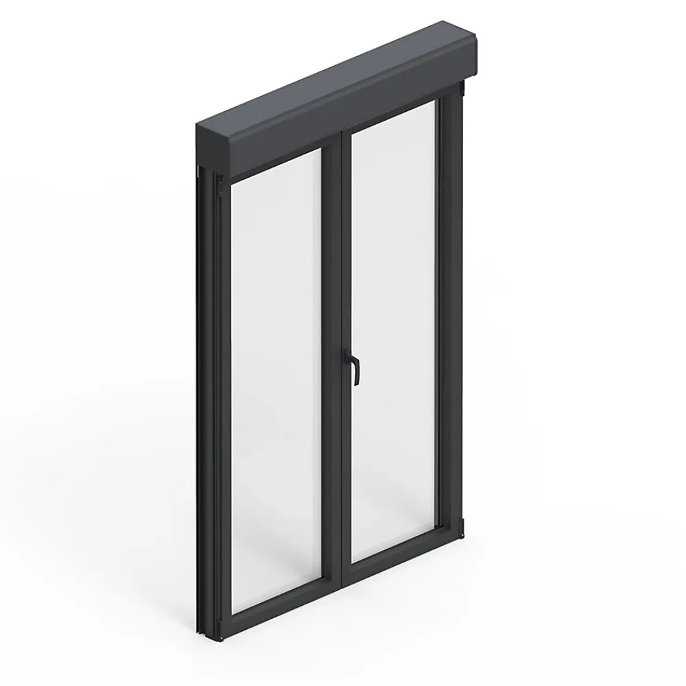 GoodHome Porte fenêtre alu 2 vantaux + volet roulant électrique gris - l.140 x h.215 cm, tirant droit- Porte-Fenêtre En Aluminium