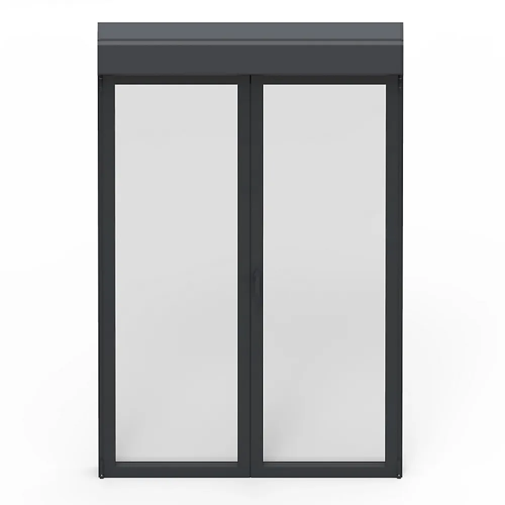 GoodHome Porte fenêtre alu 2 vantaux + volet roulant électrique gris - l.140 x h.215 cm, tirant droit- Porte-Fenêtre En Aluminium