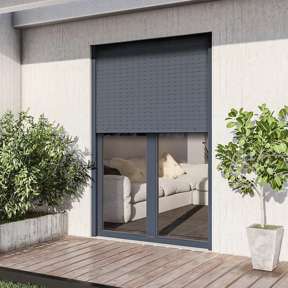 GoodHome Porte fenêtre alu 2 vantaux + volet roulant électrique gris - l.140 x h.215 cm, tirant droit- Porte-Fenêtre En Aluminium