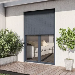 GoodHome Porte fenêtre alu 2 vantaux + volet roulant électrique gris - l.120 x h.215 cm, tirant droit- Porte-Fenêtre En Aluminium