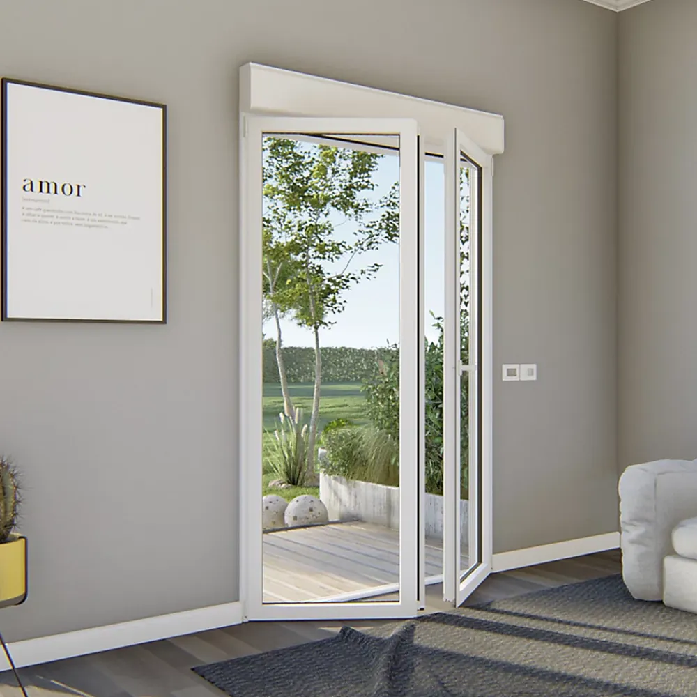 GoodHome Porte-Fenêtre En Aluminium<Porte fenêtre alu 2 vantaux + volet roulant électrique blanc - l.120 x h.215 cm, tirant droit