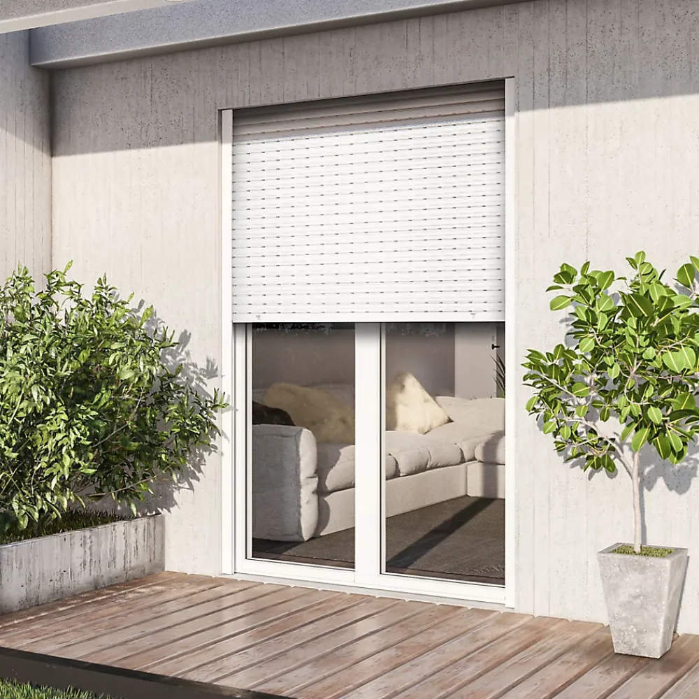 GoodHome Porte-Fenêtre En Aluminium<Porte fenêtre alu 2 vantaux + volet roulant électrique blanc - l.120 x h.215 cm, tirant droit