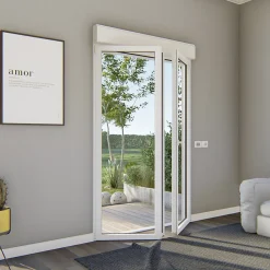 GoodHome Porte-Fenêtre En Aluminium<Porte fenêtre alu 2 vantaux + volet roulant électrique blanc - l.140 x h.215 cm, tirant droit