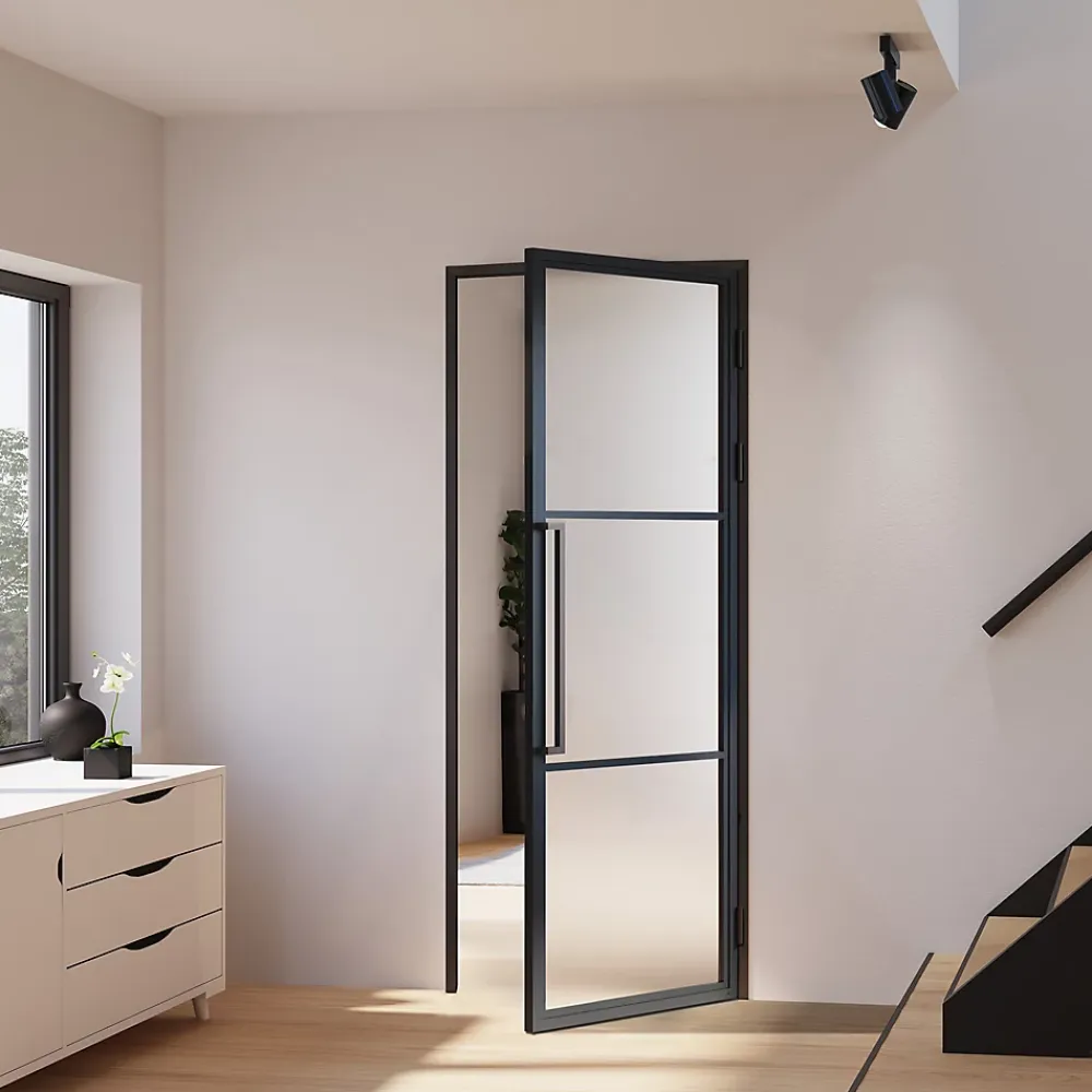Schulte Porte Intérieure Loft En Verre - 71x197cm - Atelier - Noir Mat - Satiné - 3 Vitrages - Tirant Droit- Bloc Porte