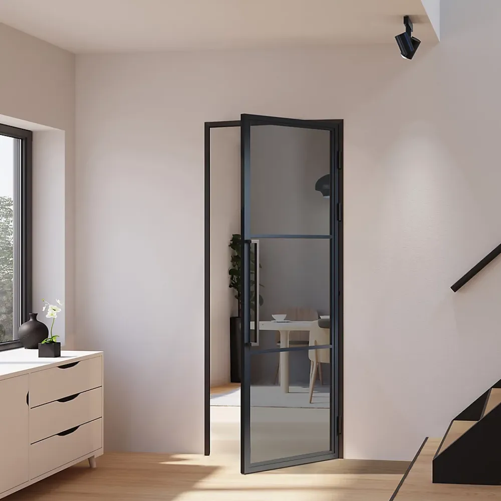 Schulte Bloc Porte<Porte intérieure loft en verre - bloc-porte - 83x211 - noir mat - verre fumé - 3 vitrages - tirant droit
