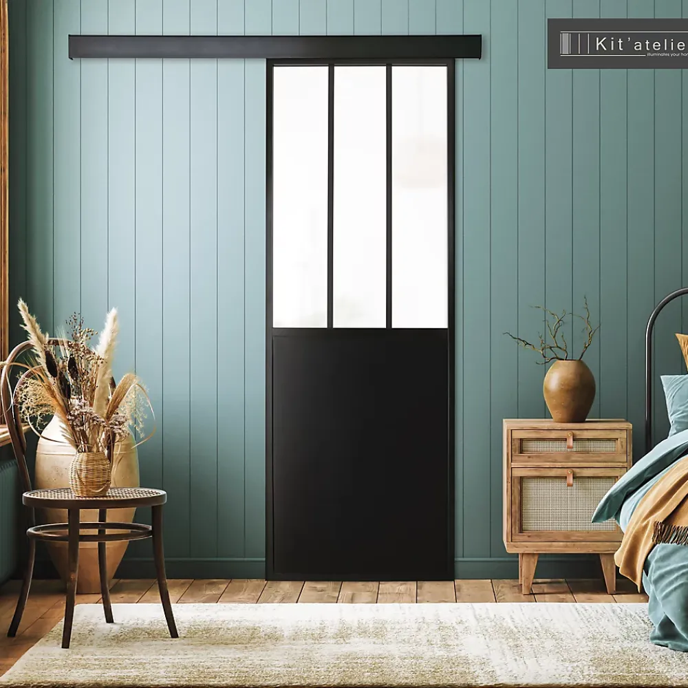 Porte Nue<Porte seule 3 carreaux vitrés opaques, coloris noir mat H.204 x l.83cm