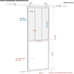 Porte seule 3 carreaux vitrés transparents, coloris blanc H.204 x l.83cm- Porte Nue