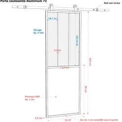 Porte Nue<Porte seule en aluminium 3 carreaux vitrés transparents 73 coloris blanc H.204 x l.73cm