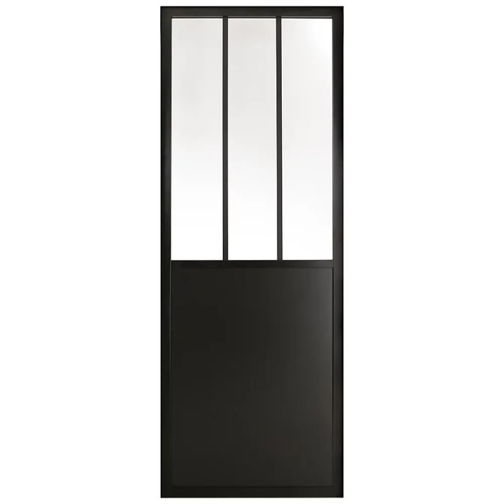 Porte seule en MDF, 3 carreaux vitrés transparents, coloris noir mat H.204 x l.83cm- Porte Nue