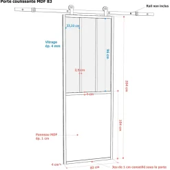 Porte seule en MDF, 3 carreaux vitrés transparents, coloris noir mat H.204 x l.83cm- Porte Nue