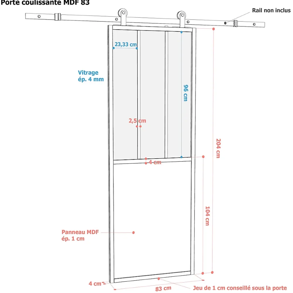 Porte seule en MDF, 3 carreaux vitrés transparents, coloris noir mat H.204 x l.83cm- Porte Nue