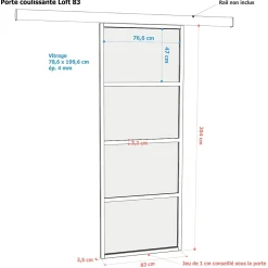 Porte Nue<Porte seule Loft 4 carreaux vitrés transparents, coloris noir mat H.204 x l.83cm