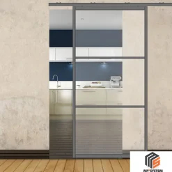 MySystem Porte simple coulissante droite H 2088 x L 1067 mm - 3 verres horizontaux - trempé 6 mm clair - gris- Porte Coulissante