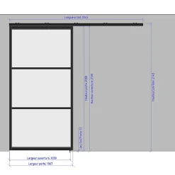 MySystem Porte simple coulissante droite H 2088 x L 1067 mm - 3 verres horizontaux - trempé 6 mm clair - gris- Porte Coulissante