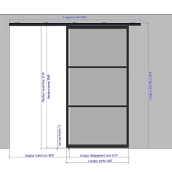 MySystem Porte simple coulissante droite H 2088 x L 1067 mm - 3 verres horizontaux - trempé 6 mm clair - gris- Porte Coulissante