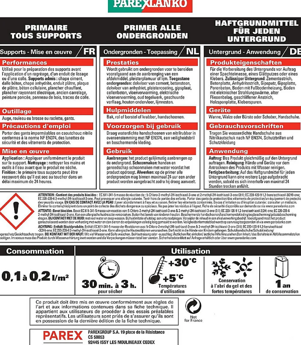 Parexlanko Primaire tous supports 5L- Ragréage Et Primaire Pour Carrelage