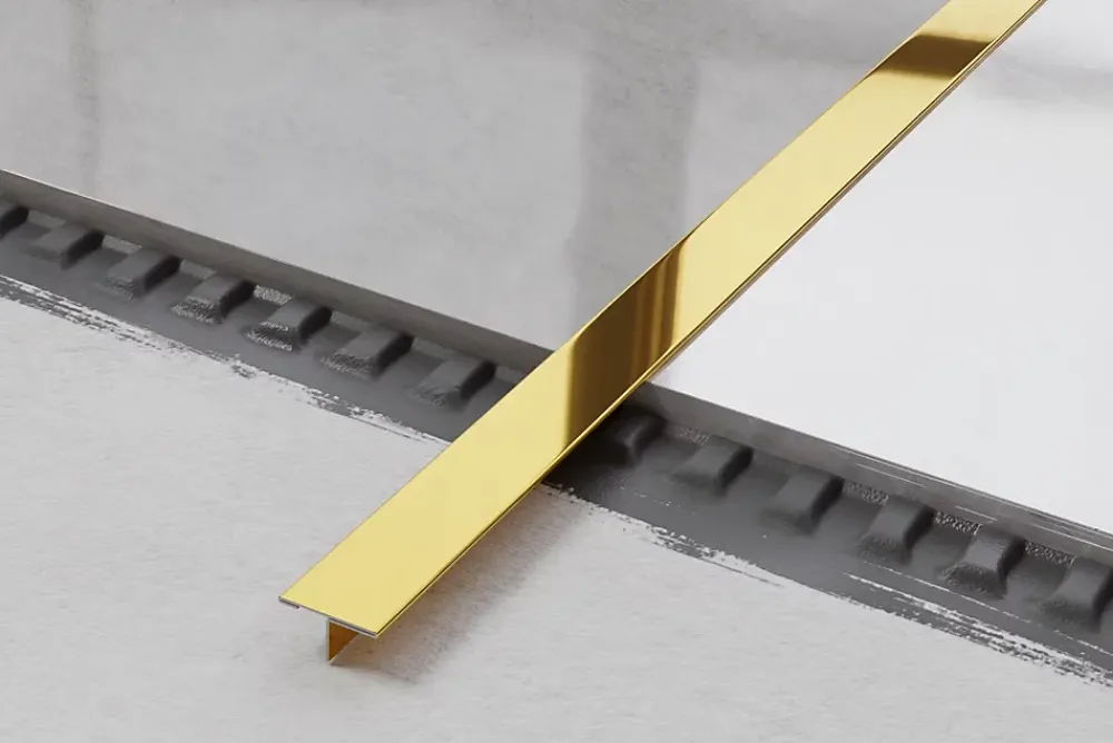 Ilcom Profil décoratif T en acier inoxydable pour couvrir jonction Or poli - 20mm X 10mm X 2440mm- Profilé Carrelage