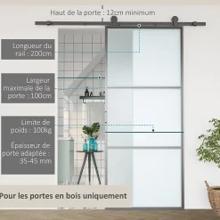 Homcom Rail porte coulissante 2 m avec quincaillerie - kit de rail pour porte coulissante 100Kg - acier au carbone noir- Porte Coulissante