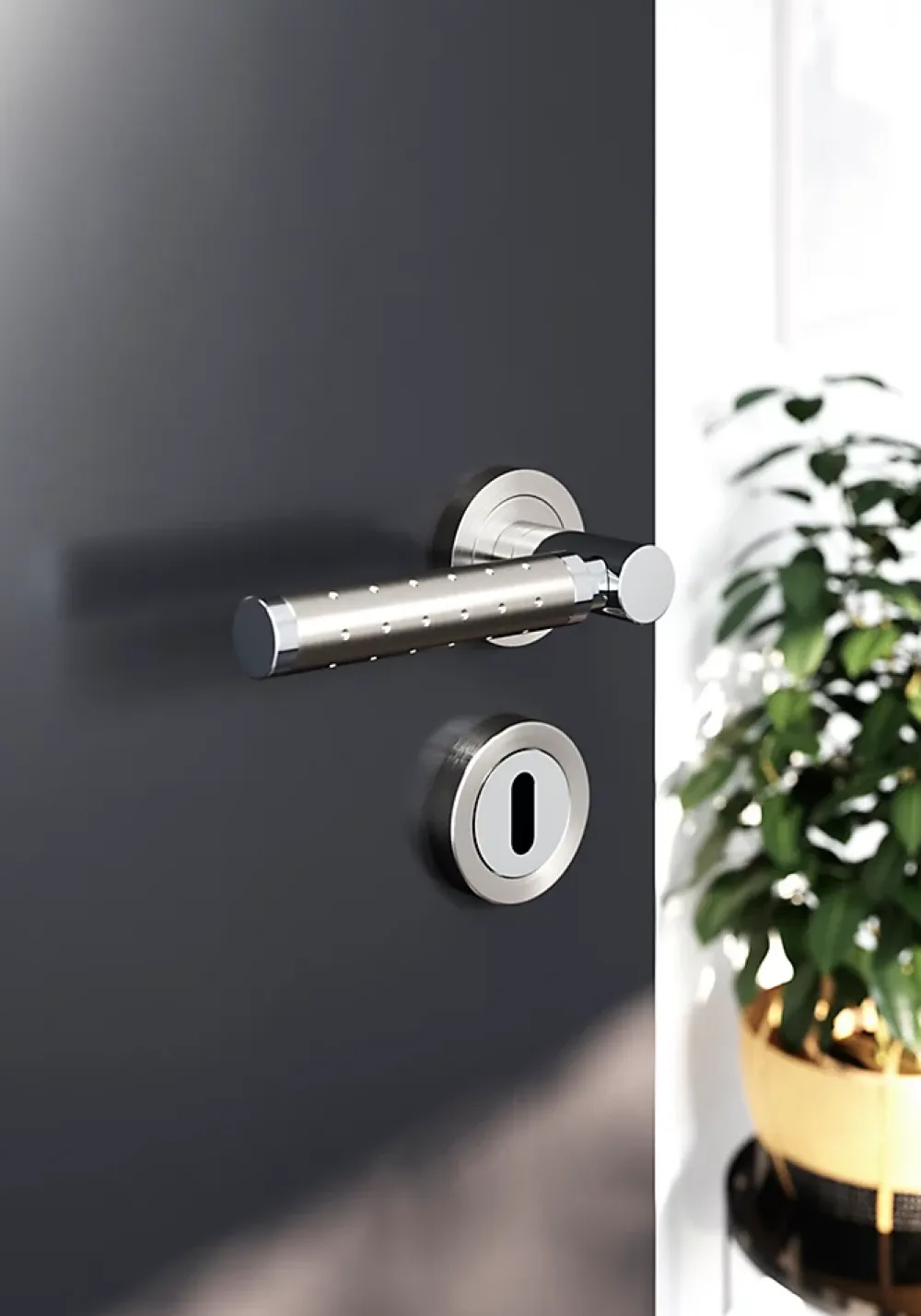 GoodHome Poignée De Porte<Rosace de fonction rond à visser à serrure Duod Zamac effet chrome et nickel satin gris Ø52mm