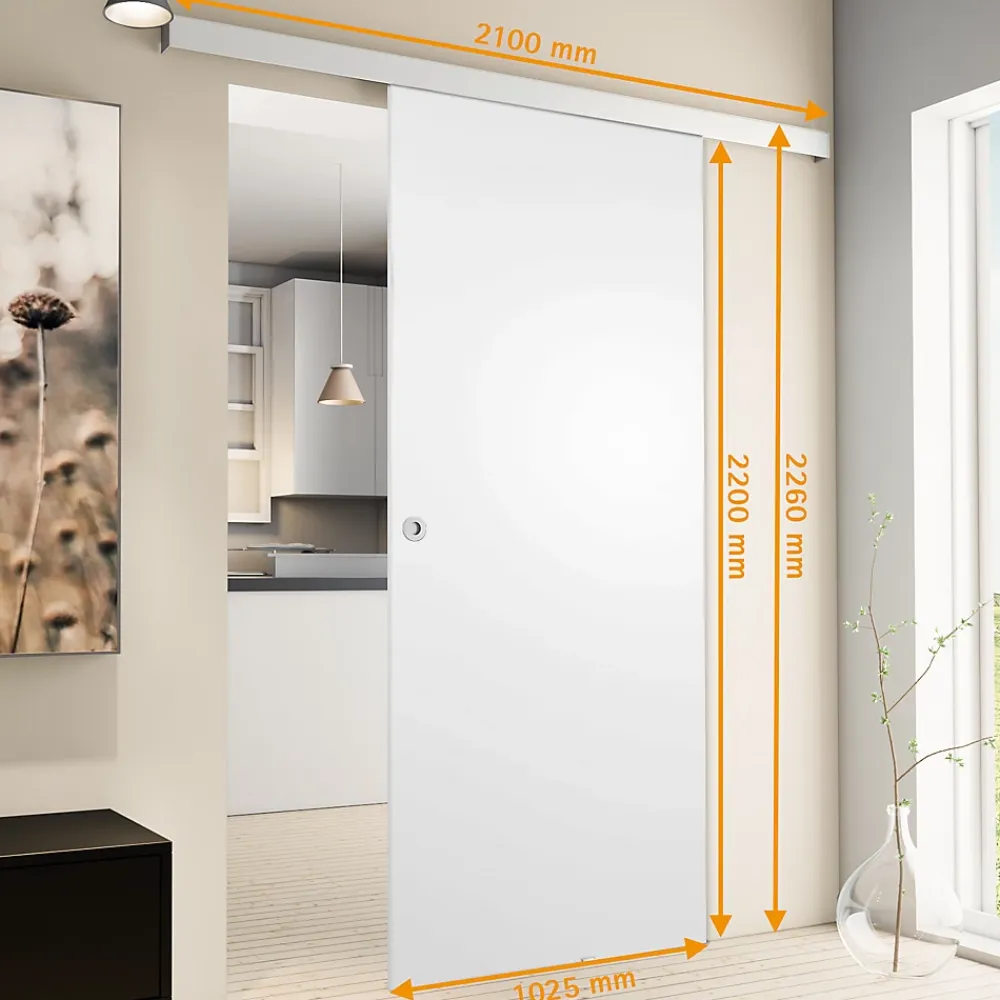 Schulte Porte Coulissante<porte coulissante complète bois - 102x220cm - porte intérieure pleine - bois blanc - poignée ronde