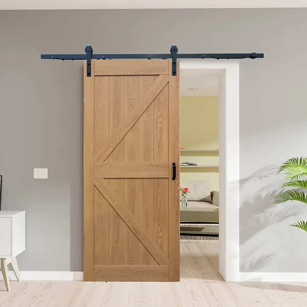 Schulte porte coulissante complète en bois - 102x215cm - porte de grange oak - chêne - système ouvert noir- Porte Coulissante