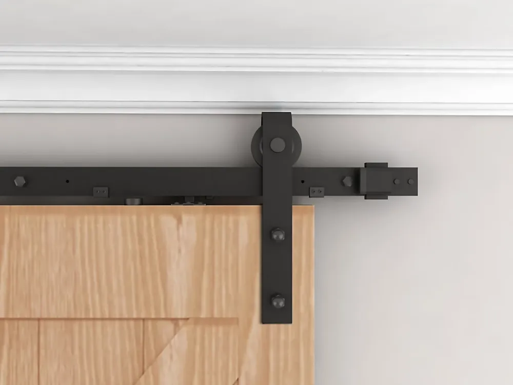 Schulte porte coulissante complète en bois - 102x215cm - porte de grange oak - chêne - système ouvert noir- Porte Coulissante