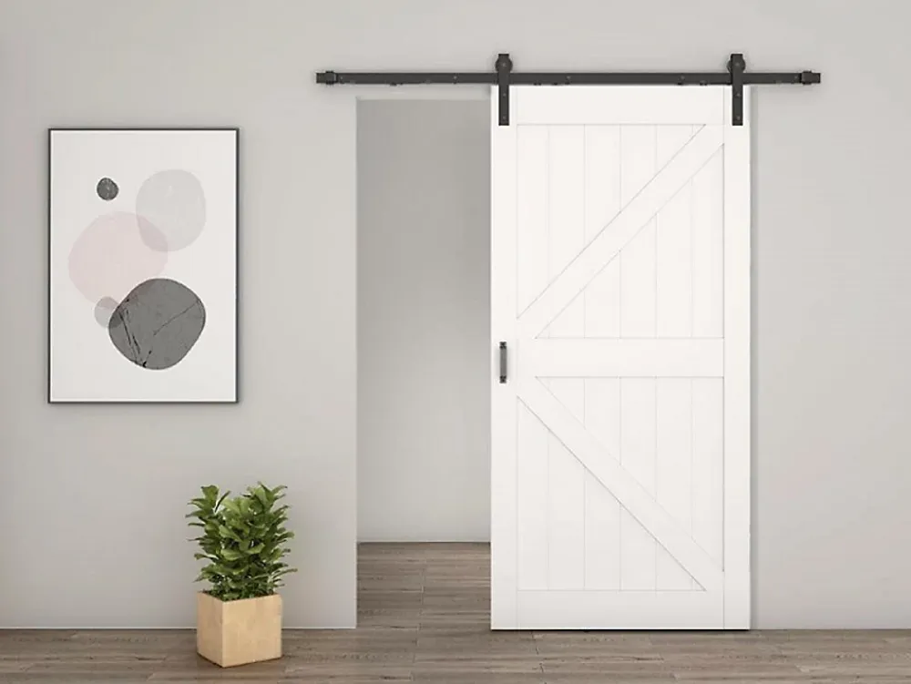 Schulte porte coulissante complète en bois - 102x215cm - porte de grange - chêne - oak blanc - système ouvert noir- Porte Coulissante