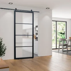 Schulte Porte Coulissante<porte coulissante complète - verre - 90x215cm - décor industriel noir - système ouvert-double softclose